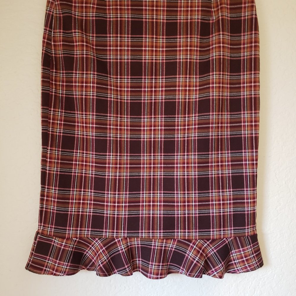Pink & Brown Plaid Pencil Skirt W/ Ruffle Trim